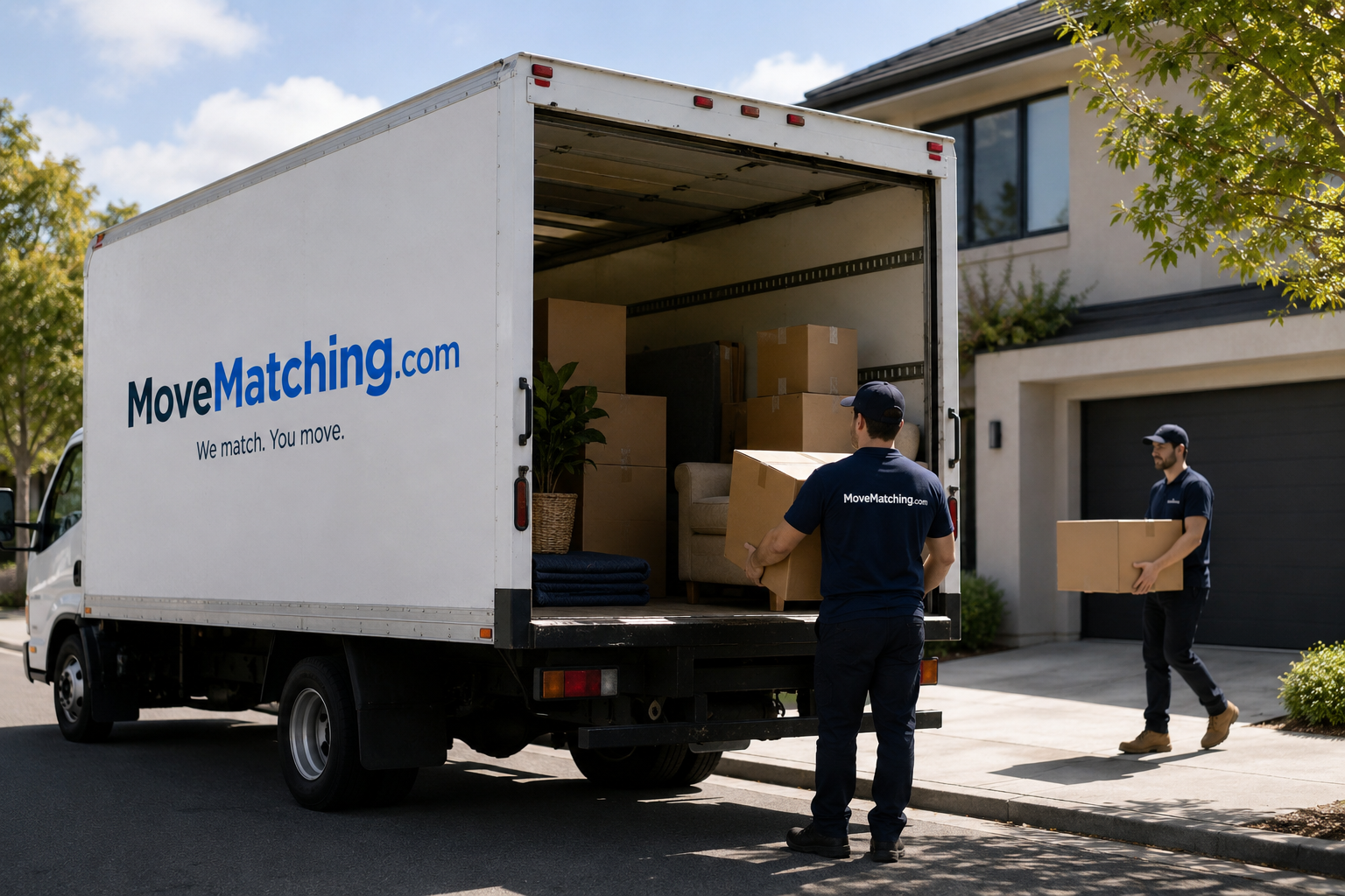 Friendly local movers loading a blue moving truck